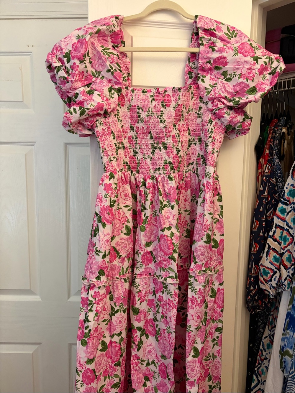 Show Me Your MuMu Pink Floral Midi Dress with Puff Sleeves